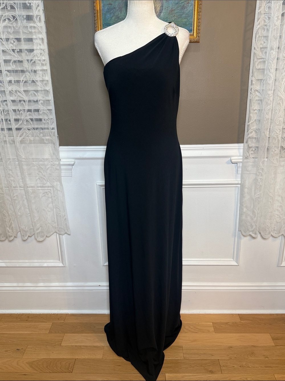 Cache Y2K Black One Shoulder Rhinestone Maxi Dress Size 14